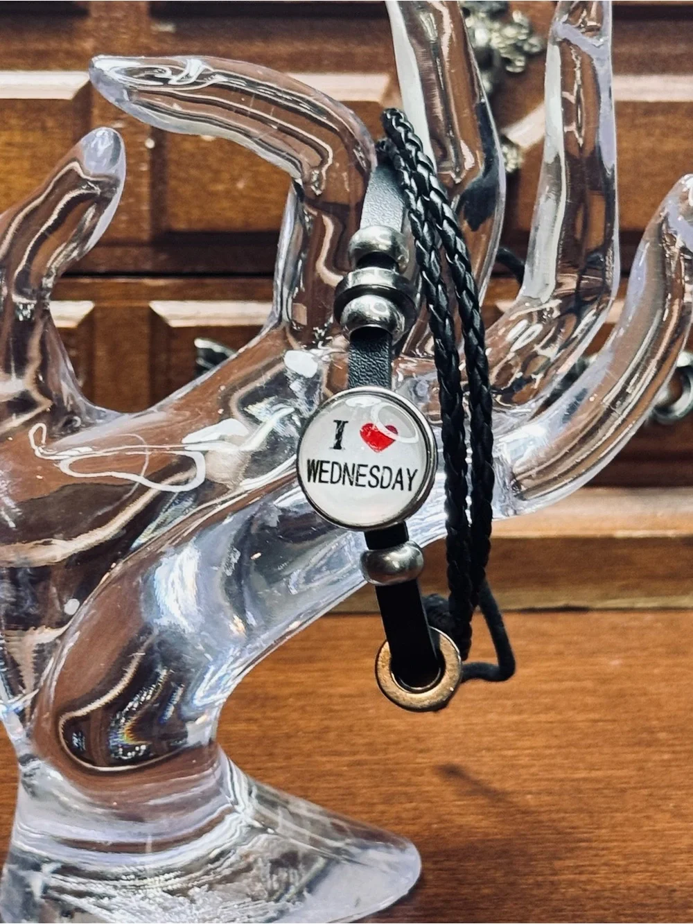 Black Braided Leather Bracelet with 'I ♥ Wednesday' Charm